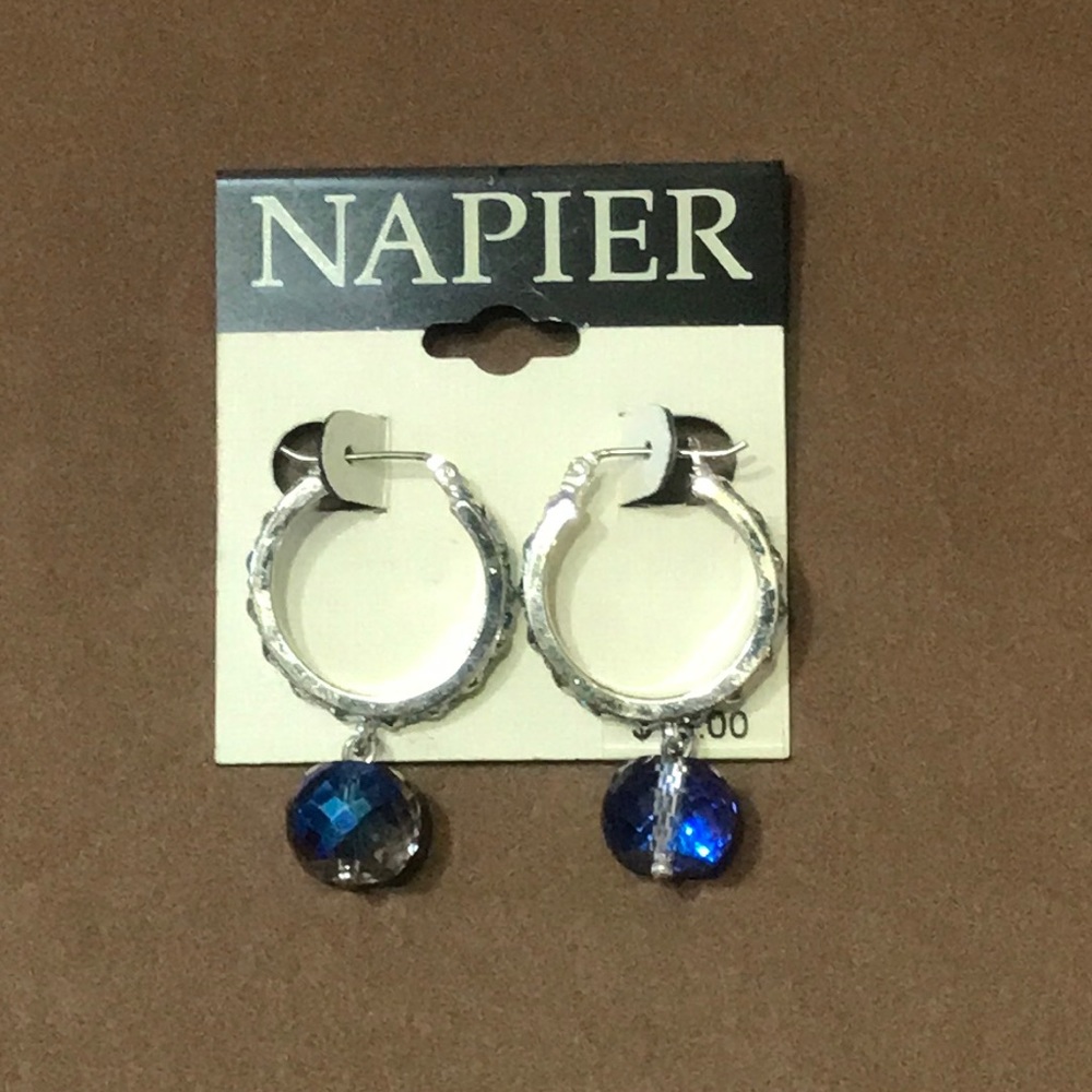 Napier Earrings Blue Beads Silver Hoops